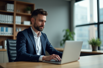 Comptable homme en costume dans un bureau moderne