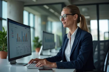 Femme professionnelle connectée à un extranet d'entreprise depuis son poste de travail en open space