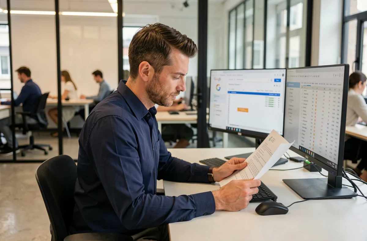 Consultant SEO parisien examinant un rapport d'audit de référencement naturel dans un espace de coworking moderne