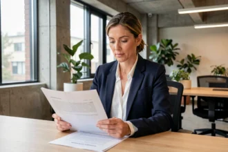 Consultante en portage salarial examinant un contrat dans un espace de coworking moderne