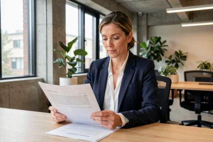Consultante en portage salarial examinant un contrat dans un espace de coworking moderne