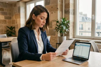 Consultante indépendante en portage salarial examinant un contrat dans un espace de coworking à Poitiers