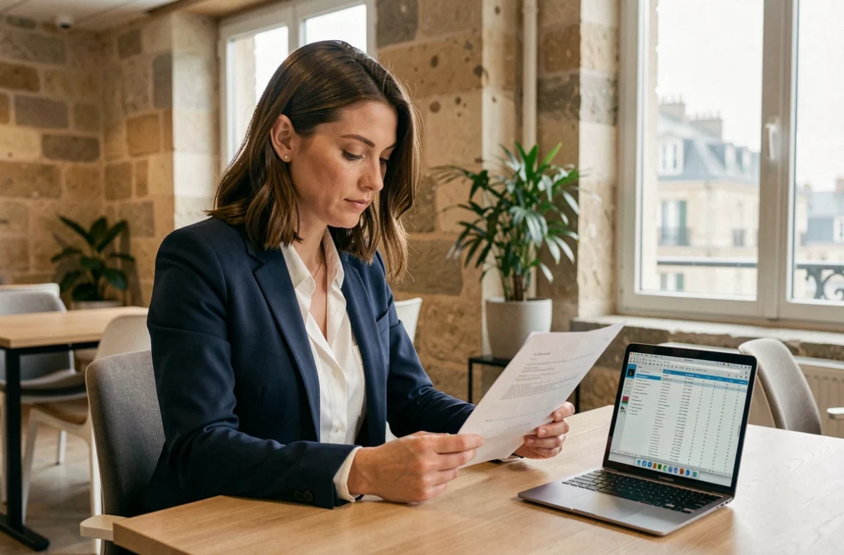 Consultante indépendante en portage salarial examinant un contrat dans un espace de coworking à Poitiers