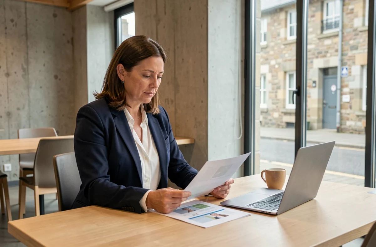 Consultante indépendante examinant un contrat de portage salarial dans un espace de coworking à Lannion