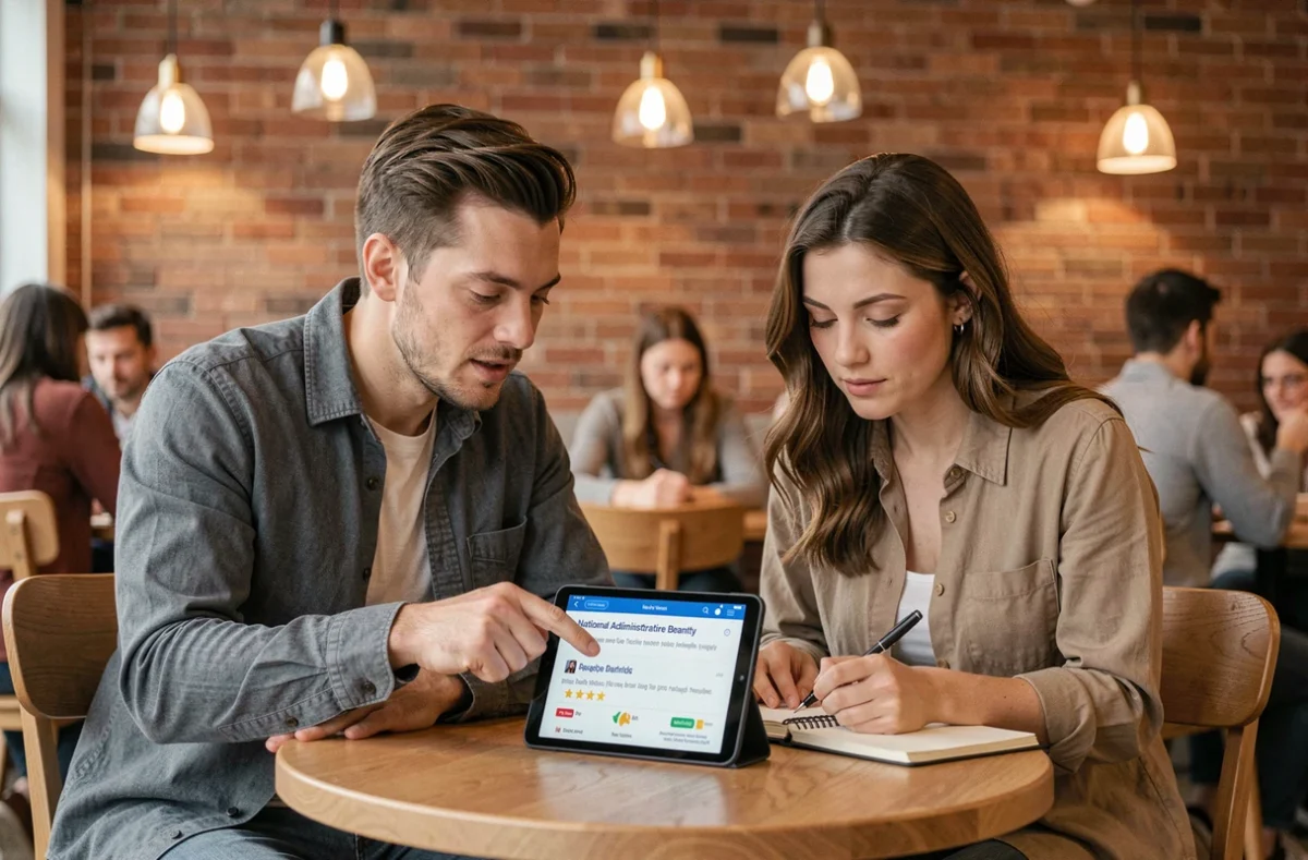 Deux collègues consultant des avis en ligne sur un organisme public dans un espace de coworking