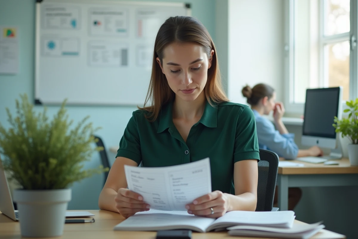 Femme consultant des fiches de paie dans un bureau administratif d'ESAT, symbolisant le calcul du salaire net mensuel pour les travailleurs handicapés