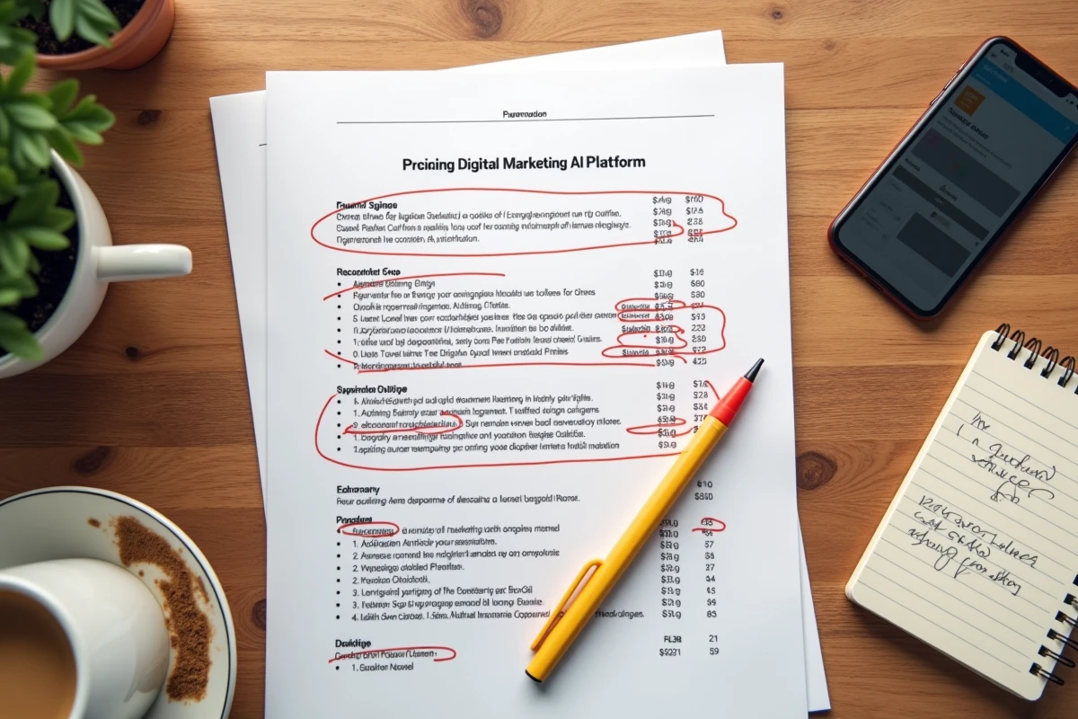 Vue aérienne d'un bureau avec un contrat tarifaire d'outil IA marketing annoté et des notes manuscrites sur les clauses cachées