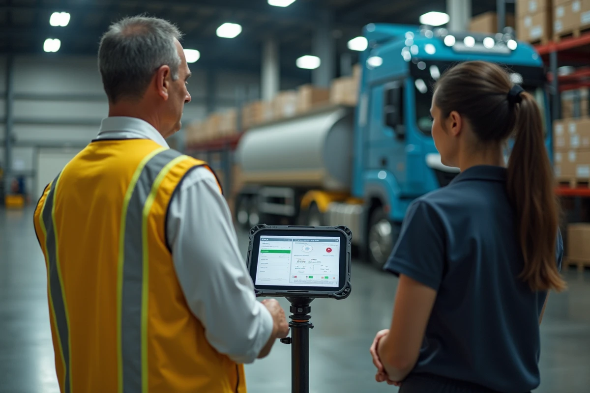 Coordinateurs logistiques consultant une interface de suivi de véhicules sur tablette industrielle dans un dépôt de distribution