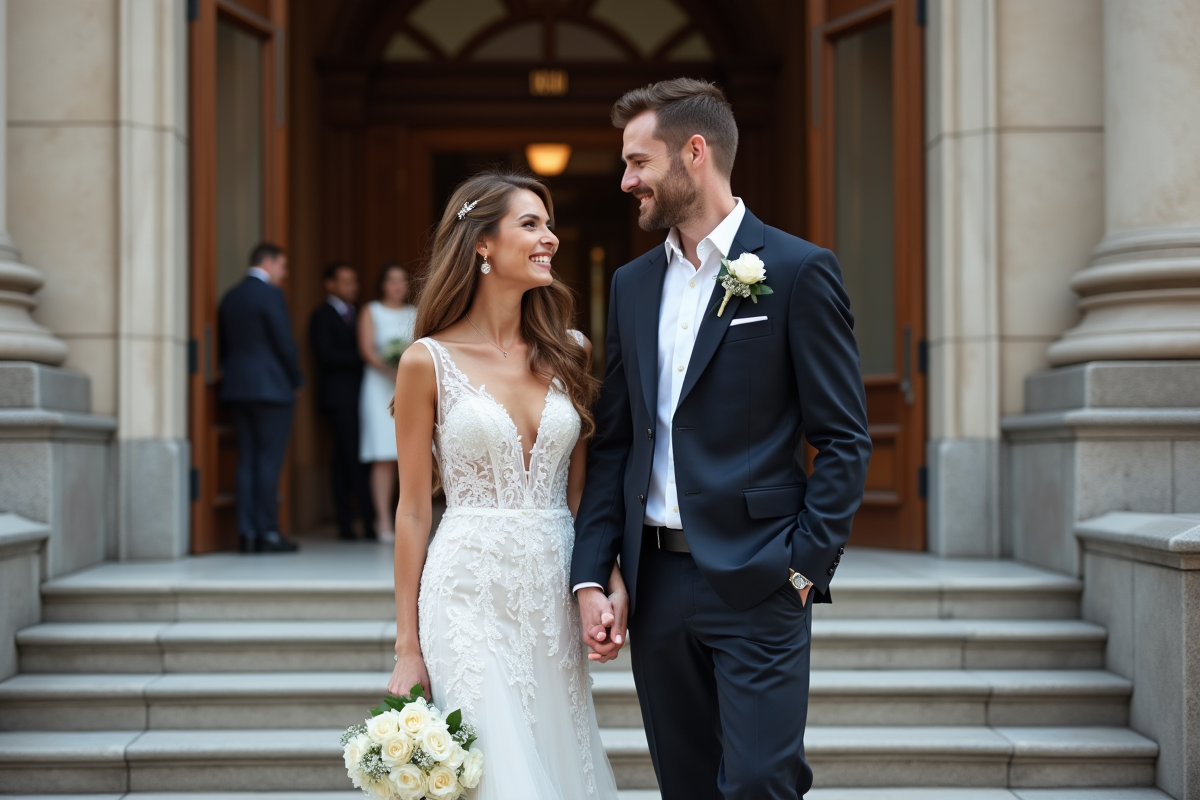 Couple marié souriant devant le tribunal en extérieur