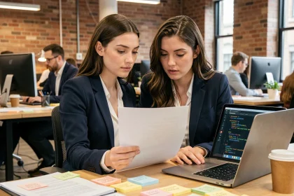 Jeune professionnelle en début de carrière dans une agence de communication travaillant sur son ordinateur portable dans un open space moderne