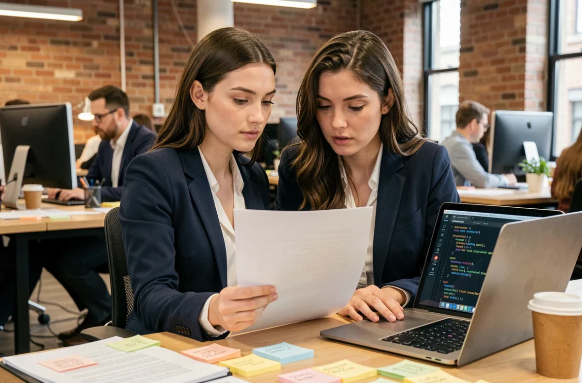 Jeune professionnelle en début de carrière dans une agence de communication travaillant sur son ordinateur portable dans un open space moderne