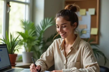 Jeune femme entrepreneur débutante prenant des notes pour créer son entreprise à domicile avec un ordinateur portable