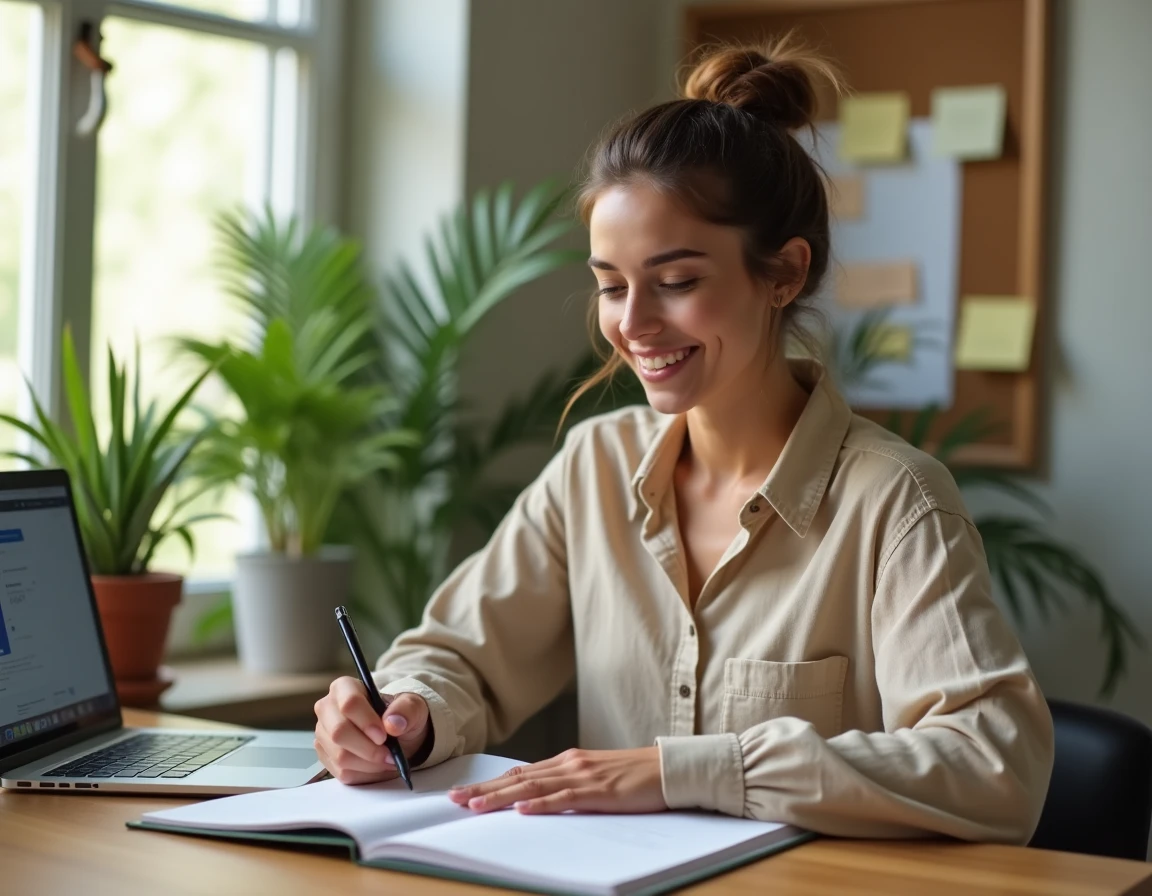 Jeune femme entrepreneur débutante prenant des notes pour créer son entreprise à domicile avec un ordinateur portable