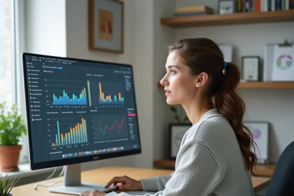 Jeune femme débutante en data analytics consultant un tableau de bord de performances sur ordinateur dans un bureau moderne