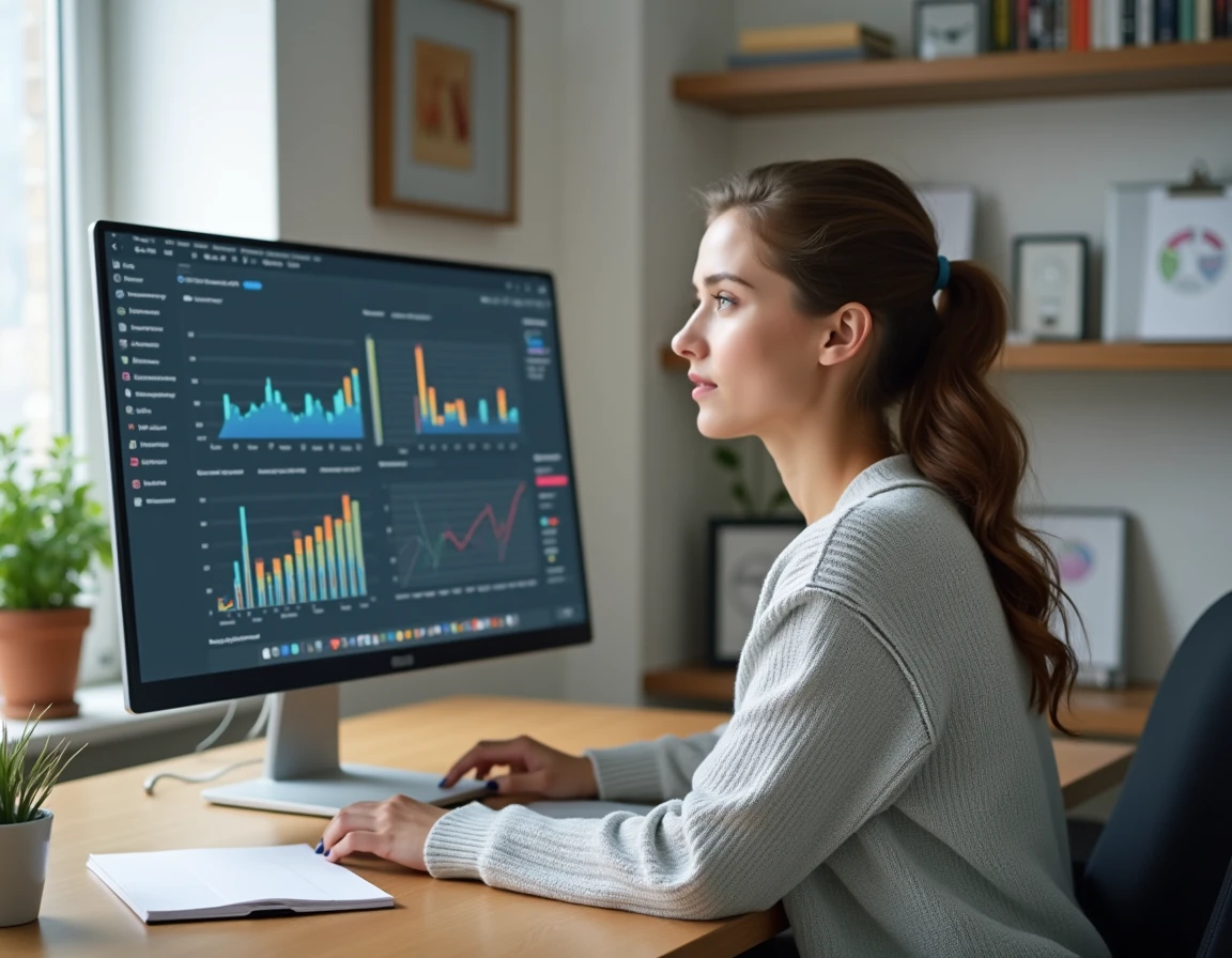 Jeune femme débutante en data analytics consultant un tableau de bord de performances sur ordinateur dans un bureau moderne