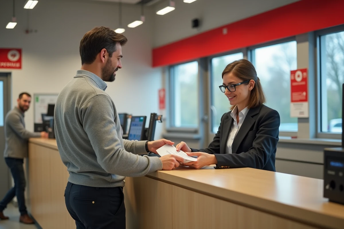 Homme déposant une lettre recommandée avec accusé de réception au guichet d'un bureau de poste