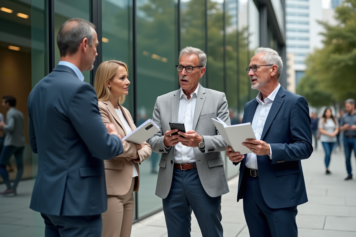 Groupe de professionnels discutant devant un bâtiment