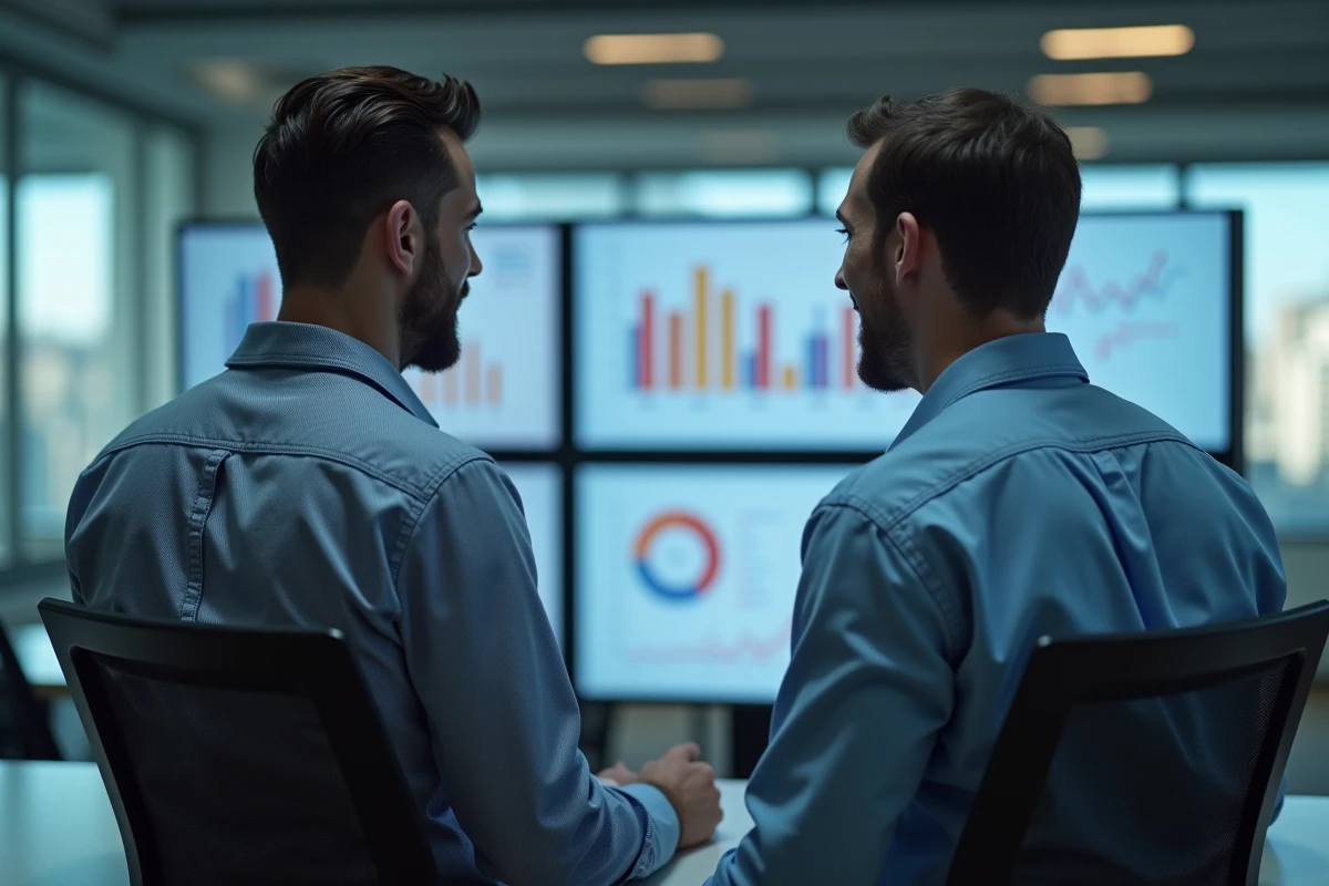 Deux hommes discutant devant un &eacute;cran d