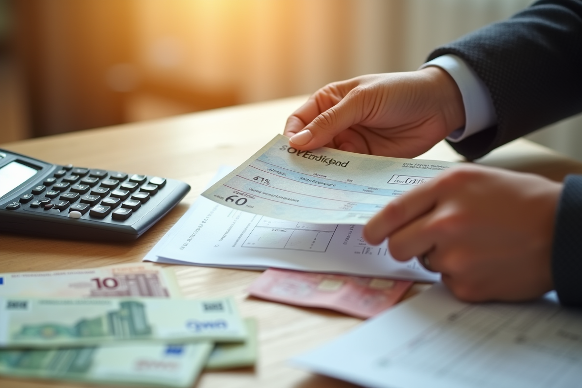 Deux mains échangeant un cheque de dividendes avec billets et documents