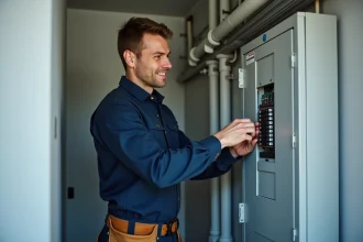 Électricien professionnel inspectant un tableau électrique dans un bâtiment résidentiel moderne, métier bien rémunéré sans diplôme