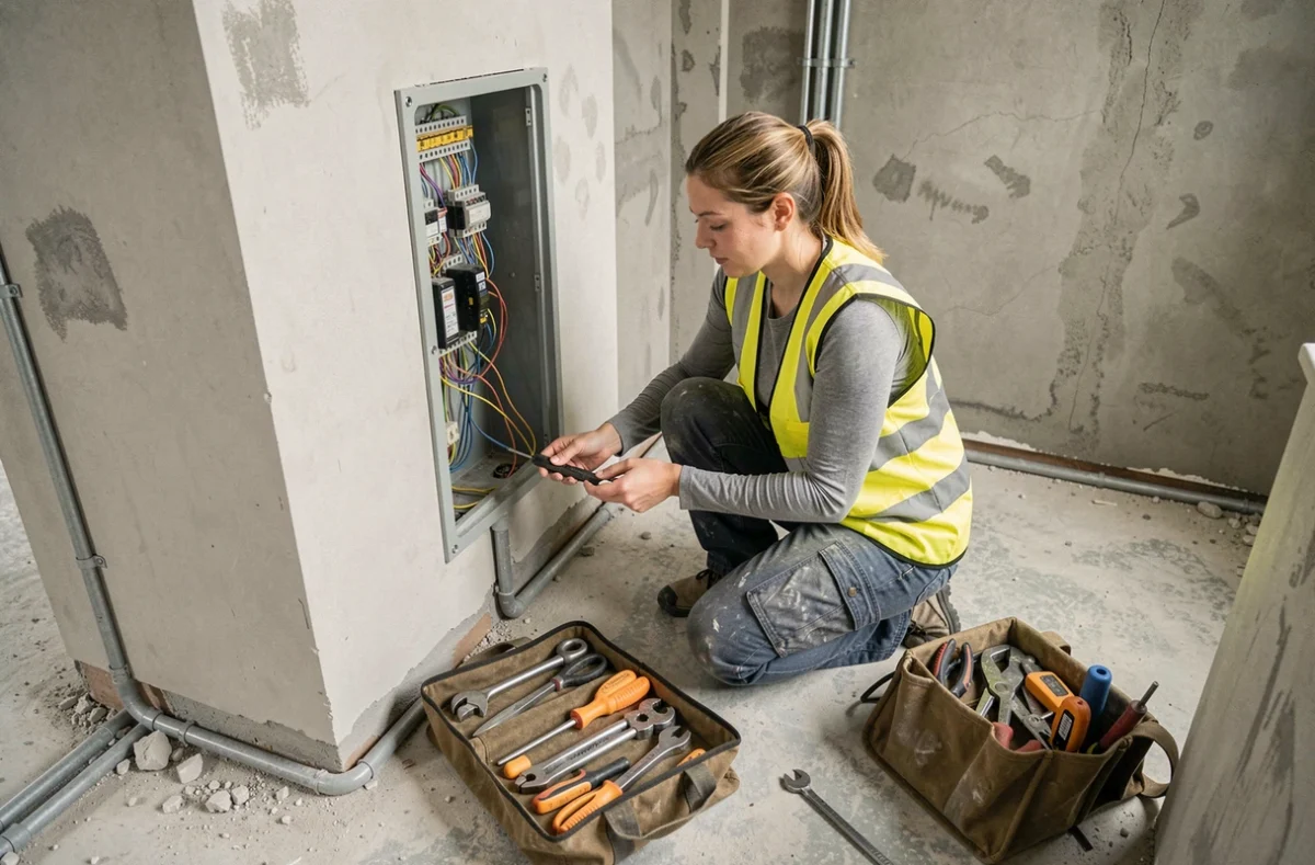Électricienne indépendante travaillant sur un tableau électrique dans un bâtiment commercial en rénovation