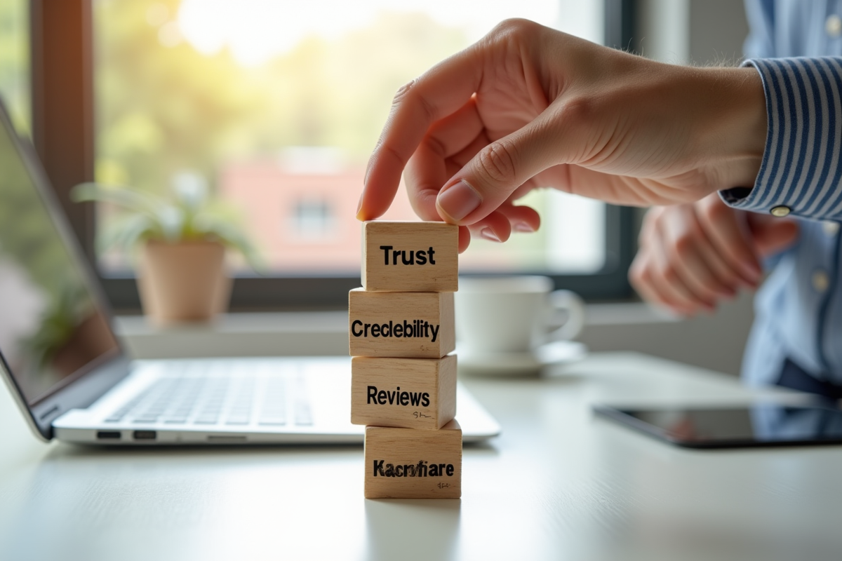 Deux mains empilant des blocs avec trust et crédibilité sur un bureau lumineux