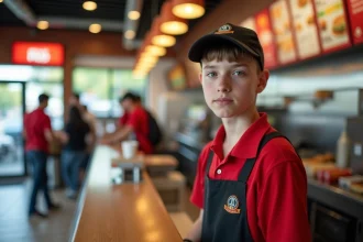 Jeune employé de 16 ans en uniforme de fast food derrière un comptoir de restaurant McDonald's