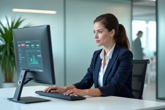 Employée BNP Paribas consultant le portail RH Alis sur un ordinateur de bureau dans un open space moderne