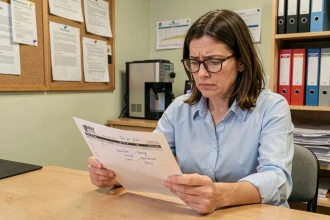 Enseignante de l'Éducation nationale examinant son bulletin de paie à son bureau en salle des professeurs