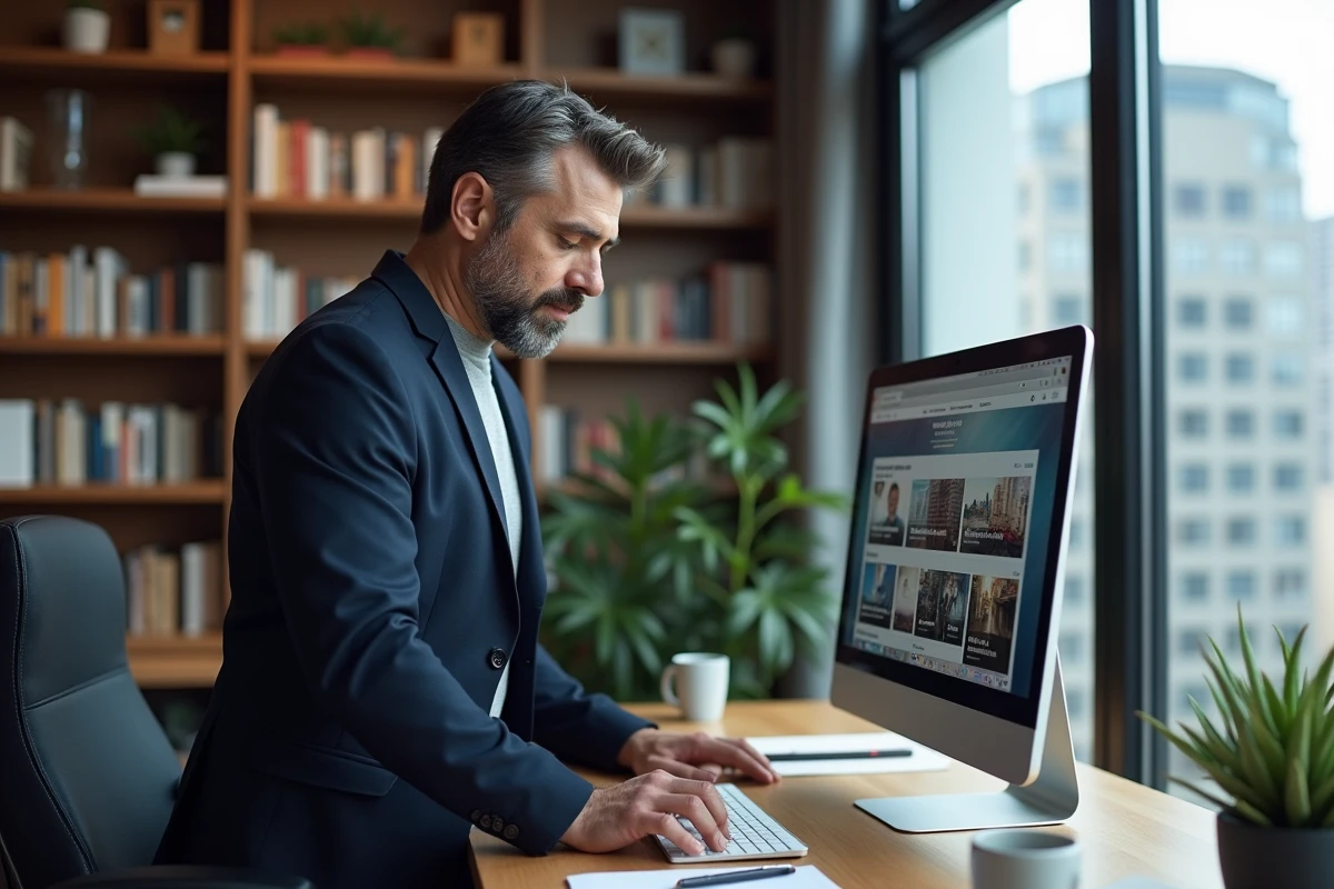 Entrepreneur masculin consultant les actualités économiques sur un grand écran dans un bureau à domicile bien équipé avec bibliothèque