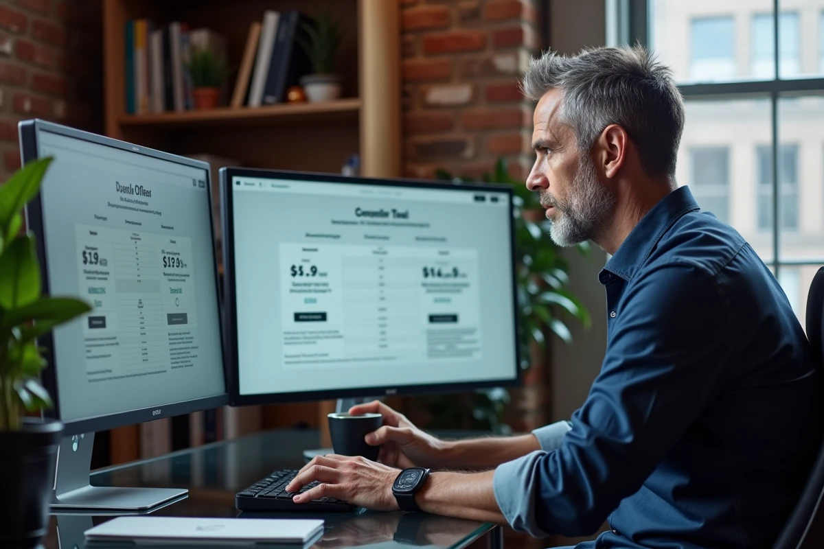 Entrepreneur comparant les tarifs et conditions d'abonnement de plateformes d'outils IA pour le marketing en ligne