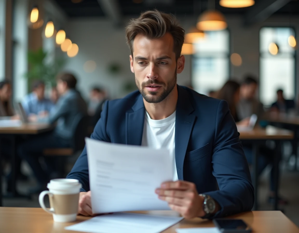 Entrepreneur en coworking analysant un business plan imprimé pour le lancement de sa première entreprise