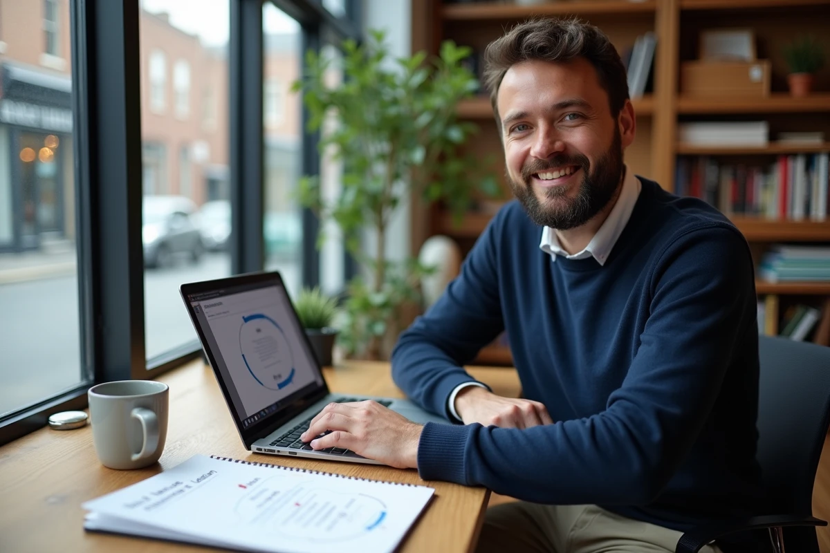 Entrepreneur masculin travaillant sur un prototype MVP minimaliste avec des retours utilisateurs sur son bureau en espace de coworking