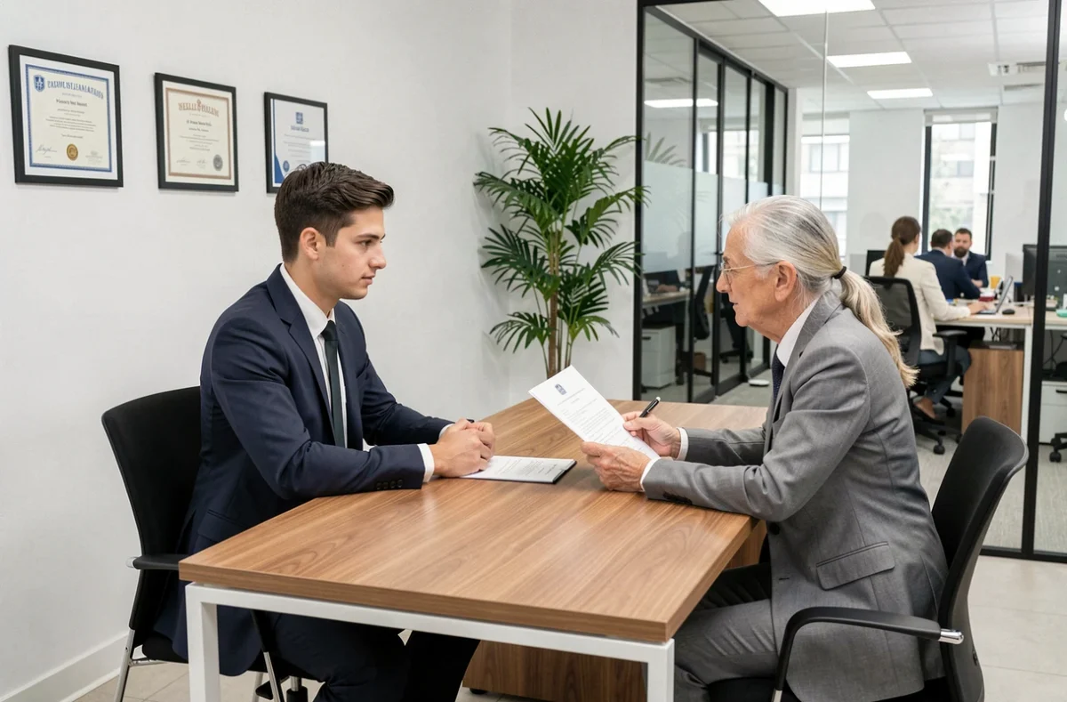 Deux jeunes candidats en entretien d'embauche avec un recruteur senior dans les bureaux d'un grand cabinet de conseil ou d'audit