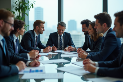 Groupe de professionnels en r&eacute;union dans un bureau moderne