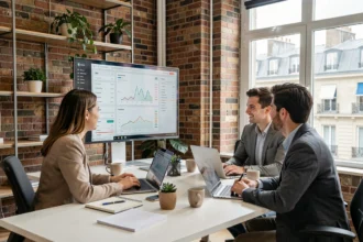 Équipe d'une agence SEO parisienne analysant des données de référencement naturel sur des écrans dans un bureau moderne