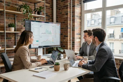 Équipe d'une agence SEO parisienne analysant des données de référencement naturel sur des écrans dans un bureau moderne
