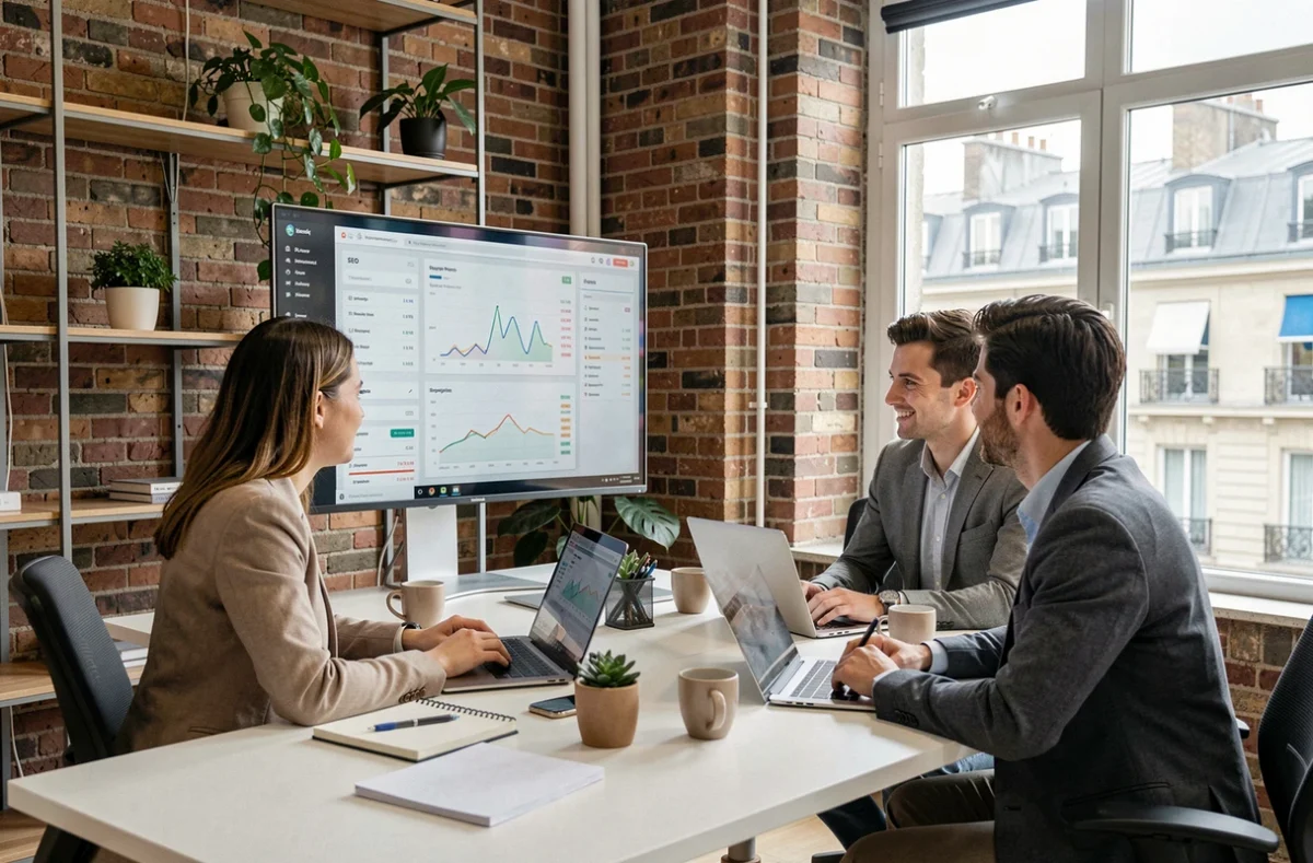 Équipe d'une agence SEO parisienne analysant des données de référencement naturel sur des écrans dans un bureau moderne
