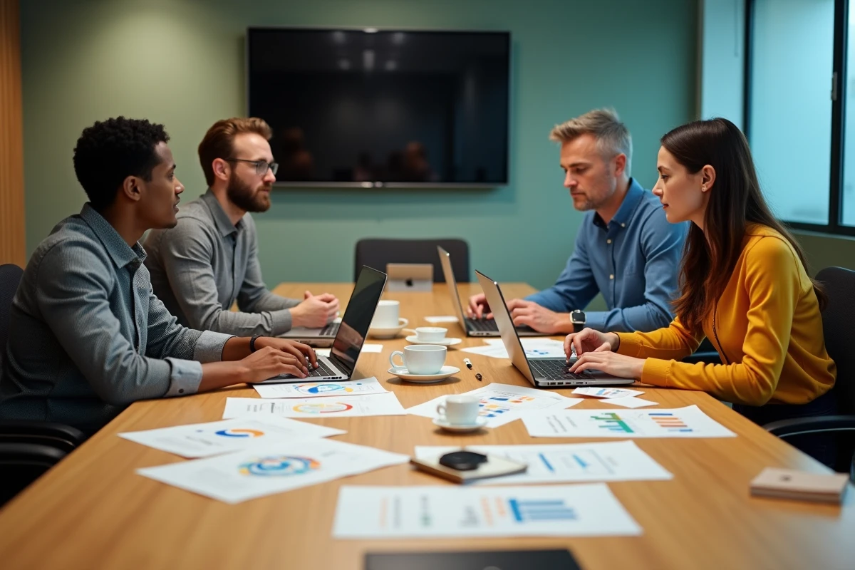Équipe marketing analysant des études consommateurs pour définir une stratégie d'impact et de pricing