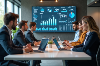 Groupe de professionnels divers discutant autour d'une table moderne