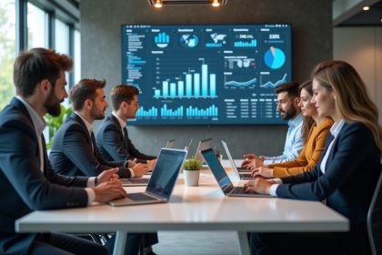 Groupe de professionnels divers discutant autour d'une table moderne