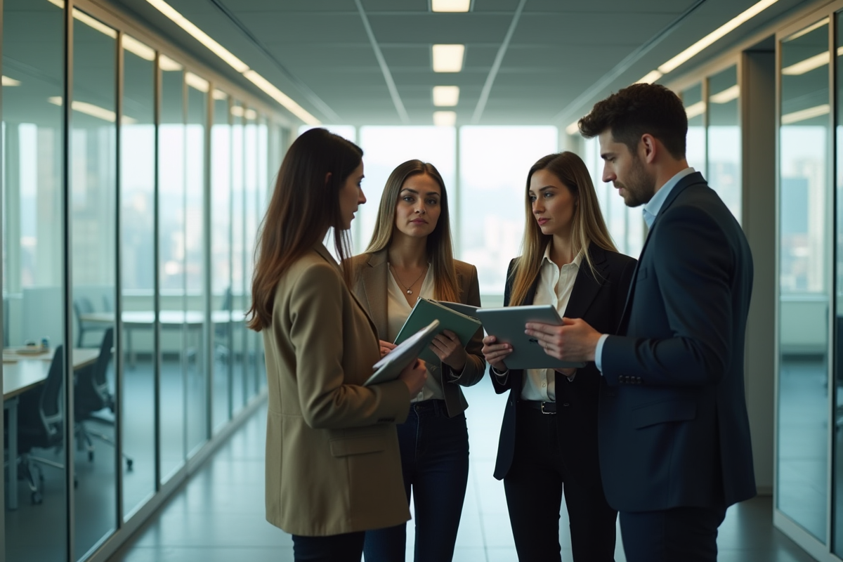 Groupe de professionnels en réunion dans un couloir de bureau moderne
