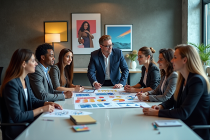 Groupe de professionnels du marketing analysant des storyboards publicitaires