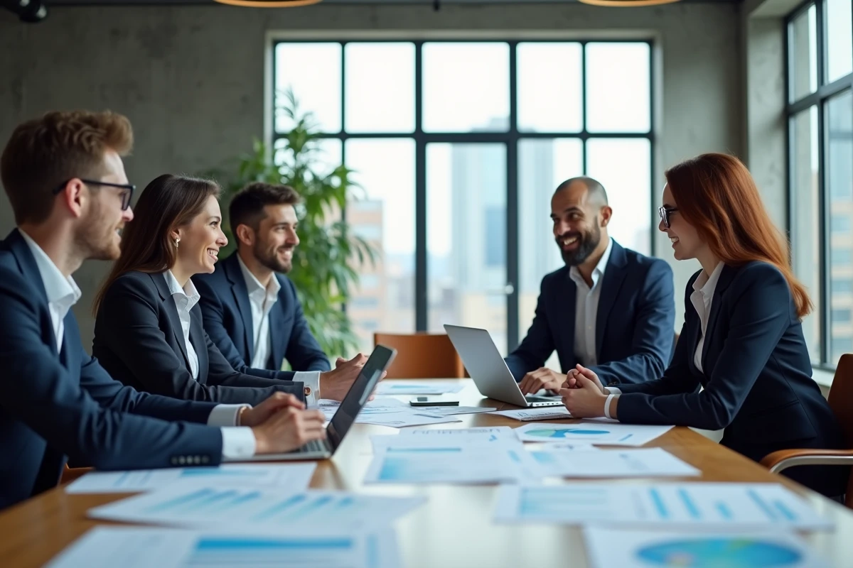 Équipe marketing et sales réunie autour d'une table de conférence pour aligner leurs données B2B grâce à un abonnement partagé
