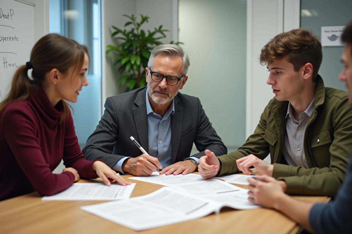Équipe de salariés discutant de la protection des données personnelles dans un document RH en salle de réunion