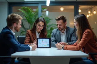 Groupe de professionnels discutant autour d'une tablette en réunion