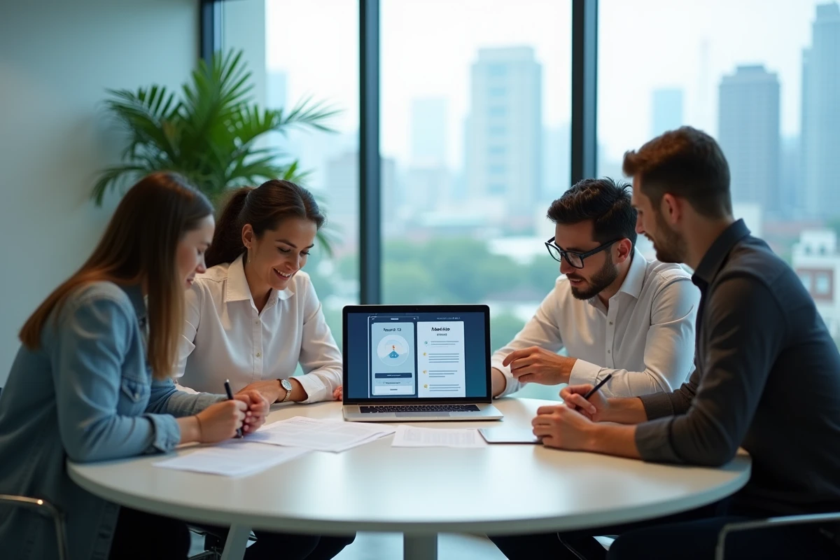 Équipe professionnelle diversifiée en réunion analysant une feuille de route MVP avec des documents et un prototype d'application