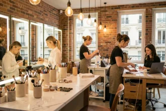 Espace de coworking beauté à Paris avec stations de maquillage professionnelles partagées et professionnelles au travail