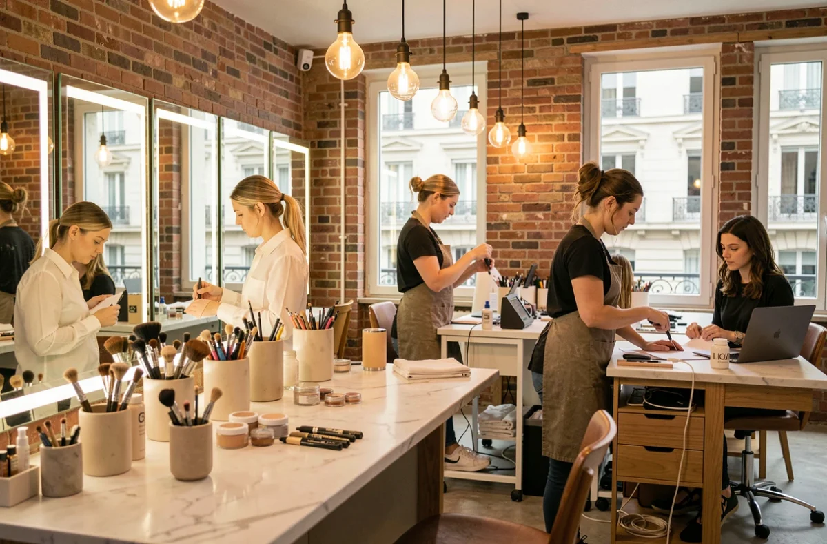 Espace de coworking beauté à Paris avec stations de maquillage professionnelles partagées et professionnelles au travail