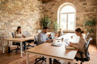 Espace de coworking moderne à Grasse avec murs en pierre apparente et professionnels au travail